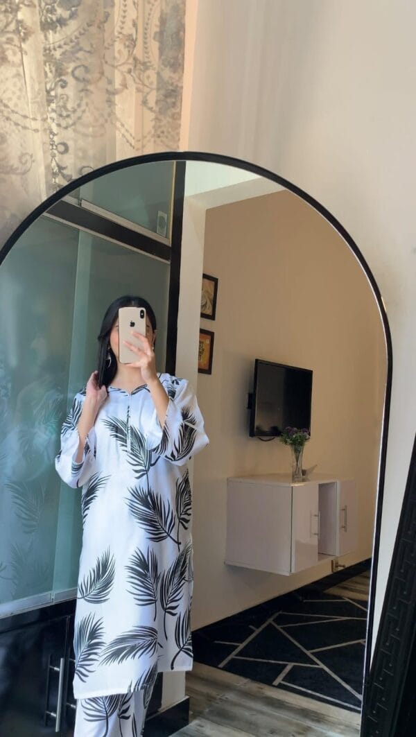 2-Pcs Women's Stitched Linen Printed Suit - White,Black, Blue - Image 2