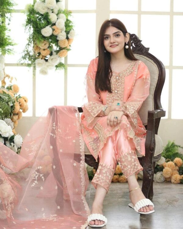 Elegant Women's 3-Piece Embroidered Suit – Organza & Katan Silk | Multiple Colors - Image 6