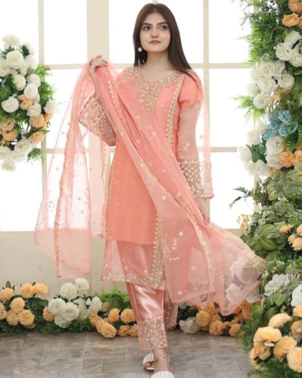 Elegant Women's 3-Piece Embroidered Suit – Organza & Katan Silk | Multiple Colors - Image 5